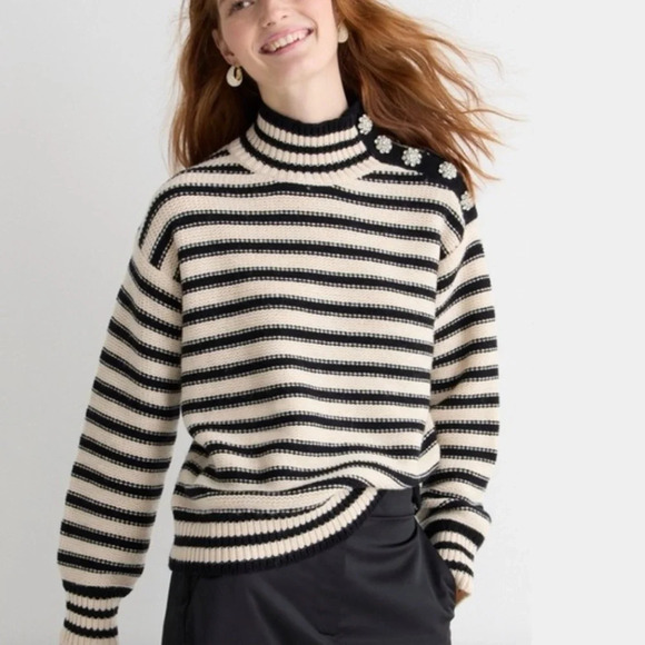 J. Crew Sweaters - J.Crew Cableknit Mockneck Pullover In Stripe With Jewel Buttons